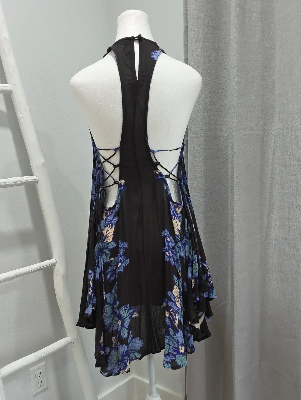 Free People Floral Lace-Up Back Mini Slip Dress Beach Cover Up